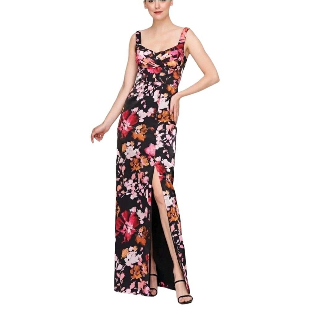 Kay Unger Floral Satin Column Maxi Dress Nicole Column Sweetheart Neckline Slit